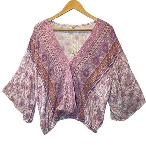 Mystree Boho Wrap Blouse NWT Women’s Small Pink Floral Mixed Print Deep Vneck